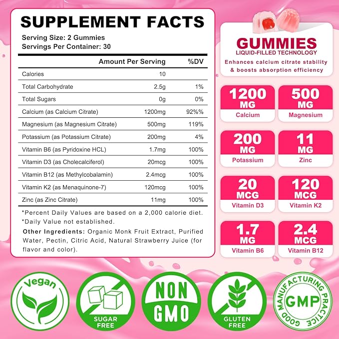 2 Pack Calcium Citrate Gummies, Calcium Supplements for Women & Men, High Absorption Calcium Gummies with Vitamin D3, Magnesium & Zinc for Muscle, Bone & Immune Support, Strawberry Flavor