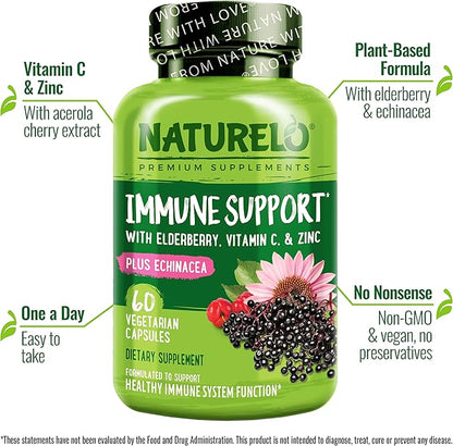 NATURELO Immune Support – Vitamin C, Elderberry, Zinc, Echinacea – Natural Immunity Boost w/Antioxidant, Herbal & Mineral Defense - 60 Vegan Capsules
