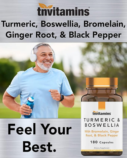 tnvitamins Turmeric & Boswellia Complex (180 Capsules) with Ginger Root, Bromelain, & Black Pepper Extract | Joint-Ease Formula: Powerful Joint Support Supplement* | Produced in The USA