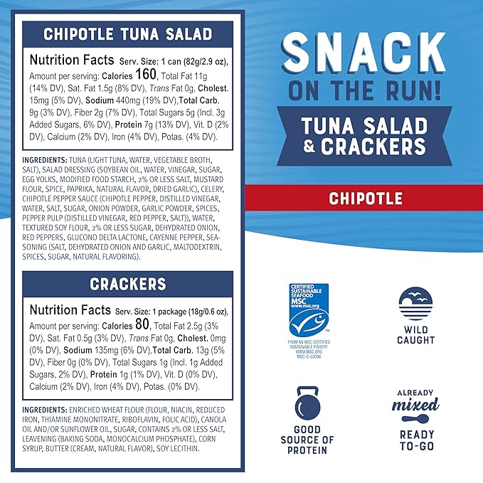Bumble Bee Snack On The Run Chipotle Tuna Salad with Crackers Kit - Ready to Eat Protein Snack Pack - 8g Protein per Box - Wild Caught MSC Certified Tuna (Pack of 4)