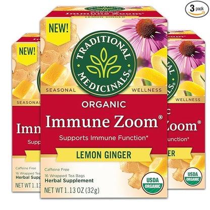 Traditional Medicinals Tea, Organic Immune Zoom Lemon Ginger - Supports Immune Function - Kosher, Non-GMO, Caffeine-Free, Compostable - 48 Tea Bags (3 Pack)