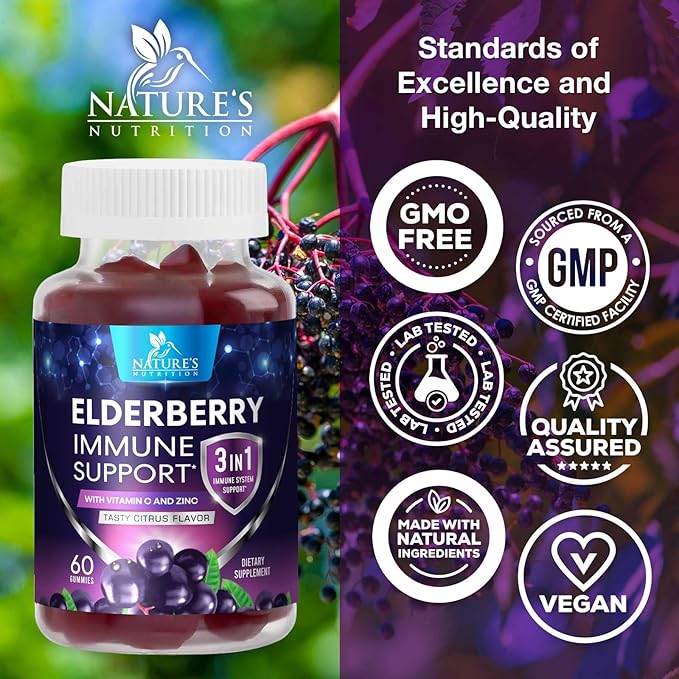 Elderberry Gummies - Black Elderberry Extract Immune Support Gummy with Vitamin C, D3 and Zinc - Sambucus Immune Health Support Supplement for Kids & Adults, Black Elder Berry Vitamins - 60 Gummies
