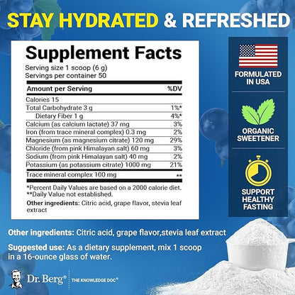 Dr. Berg Zero Sugar Hydration Keto Electrolyte Powder - Enhanced w/ 1000 mg of Potassium & Real Pink Himalayan Salt (NOT Table Salt) - Grape Flavor Hydration Drink Mix Supplement - 50 Servings