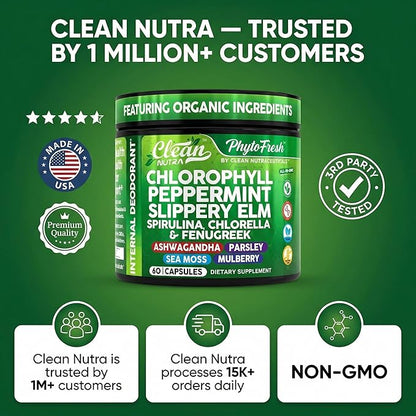 Clean Nutra Chlorophyll Capsules + Peppermint Slippery Elm Spirulina Chlorella Fenugreek Ashwagandha Sea Moss Supplement – Ph Balance for Women Detox Internal Deodorant Supplement + Prebiotics 60 Ct