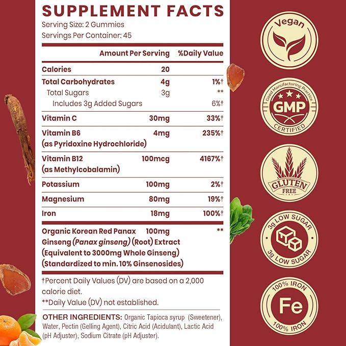 Sapotax Korean Red Panax Ginseng Supplement Gummies - 180 Count