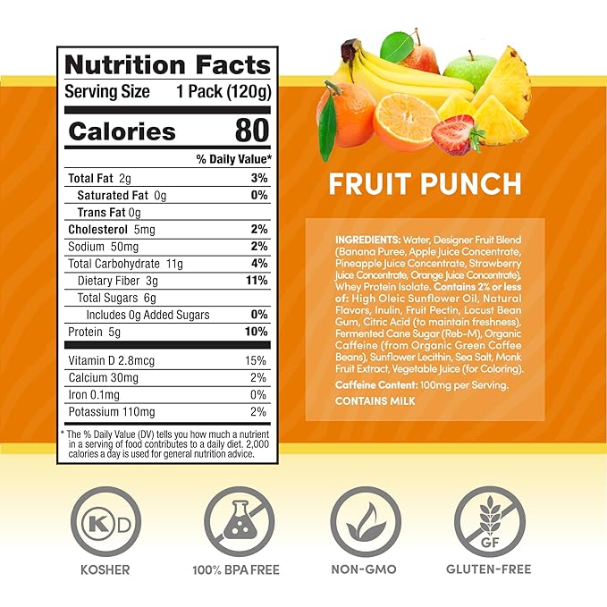 Designer Wellness Energy Smoothie, Real Fruit, 100mg Natural Caffeine, 5g Protein, Low Carb, Zero Added Sugar, Gluten-Free, Fruit Punch, 12 Count