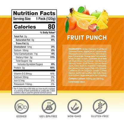 Designer Wellness Energy Smoothie, Real Fruit, 100mg Natural Caffeine, 5g Protein, Low Carb, Zero Added Sugar, Gluten-Free, Fruit Punch, 12 Count