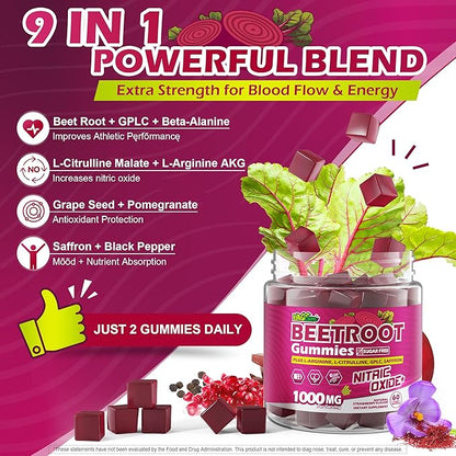 Organic Beet Root Gummies with L-Citrulline & L-Arginine, Nitric Oxide Supplements for Men and Women, Grape Seed, Pomegranate, Saffron for Circulation, Vâsculâr & Vitality, Vegan, Sugar Free, 120 Cts