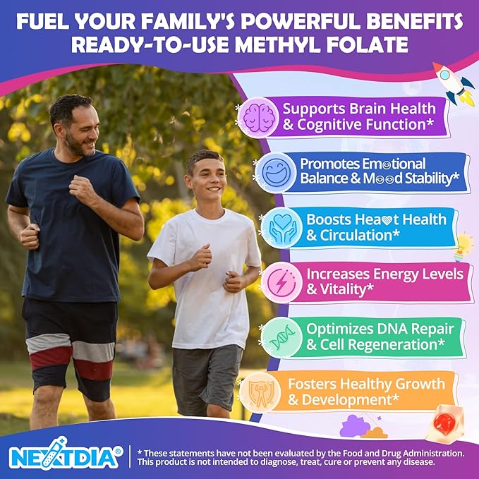 L-Methylfolate 1000 mcg + Methyl B12 Gummies for Kids & Adults - Active 5-MTHF, w/Omega-3 DHA & EPA(3:1), Choline & TMG, B6, Supports MTHFR Gene, Brain, Energy & Methylation, Sugar free, 120 Cts