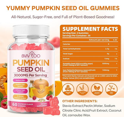 Pumpkin Seed Oil Gummies with Saw Palmetto, Organic Pumpkin Seed Oil Supplement, High-Purity Extract for Hair Growth, Skin Health, & Immune Support, Raspberry Flavor, 60 Count