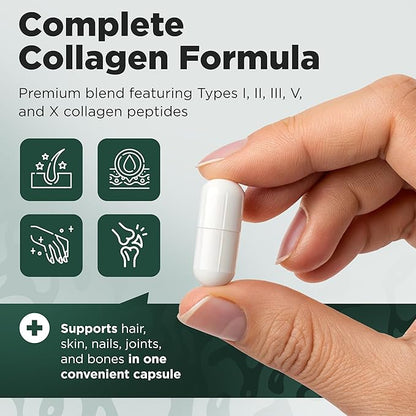 Complete Collagen Capsules for Women – 1800mg, Types I, II, III, V, X for Hair, Skin, Nails, Joints & Bone Health, High Absorption, Anti-Aging, Non-GMO, Gluten-Free, 90 Capsules