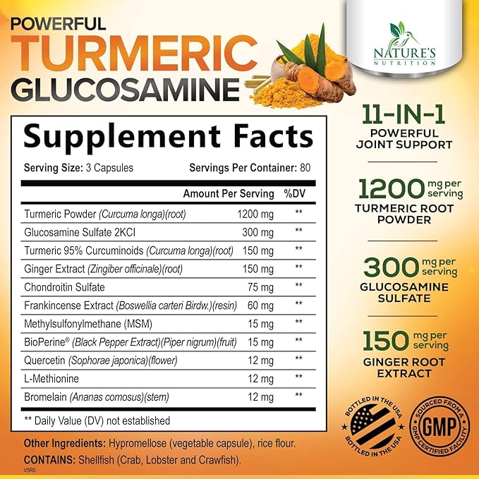 Turmeric Curcumin Supplement - 95% Curcuminoids with Glucosamine, Ginger & MSM, BioPerine Black Pepper Extract for Best Absorption, Natural Vegan Joint Support, Non-GMO, Bottled in USA - 240 Capsules