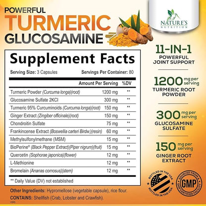 Turmeric Curcumin Supplement - 95% Curcuminoids with Glucosamine, Ginger & MSM, BioPerine Black Pepper Extract for Best Absorption, Natural Vegan Joint Support, Non-GMO, Bottled in USA - 240 Capsules