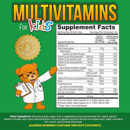 Kids Multivitamin Gummies – 11 Essential Kids Vitamins for Ages 2+, Gelatin-Free, Vegan, Halal, Gluten & Dairy Free, Natural Flavors, 45 Days Supply - 90 Count