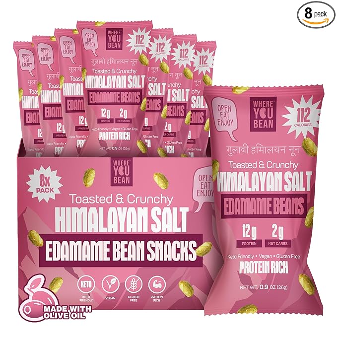 Where You Bean Edamame Beans Snack (Himalayan Salt) - Crunchy and Dry Roasted Edamame Beans - High Protein Snacks, Keto and Vegan Healthy Snacks for Adults & Low Carb Asian Snack 0.9 oz (Pack of 8)