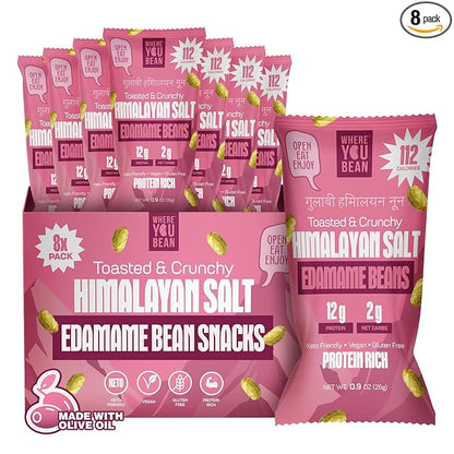 Where You Bean Edamame Beans Snack (Himalayan Salt) - Crunchy and Dry Roasted Edamame Beans - High Protein Snacks, Keto and Vegan Healthy Snacks for Adults & Low Carb Asian Snack 0.9 oz (Pack of 8)