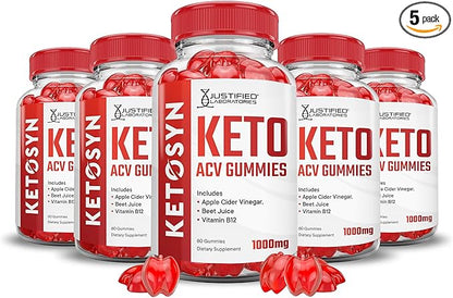 Justified Laboratories (5 Pack Ketosyn Keto ACV Gummies Advanced Formula 1000MG Ketosyn Keto Gummies Apple Cider Vinegar Formulated with Pomegranate Beet Juice Powder B12 Vegan Non GMO 300 Gummys