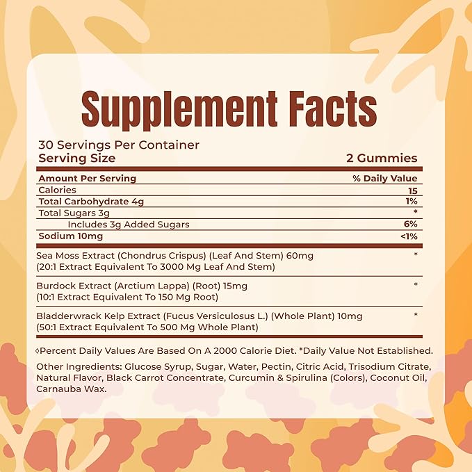 TrueSeaMoss Gummies 3000mg – Irish Sea Moss with Bladderwrack & Burdock Root – 3-in-1 Formula – Fruity Flavor – 60 Gummies