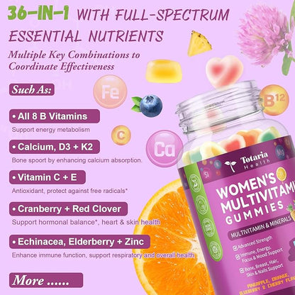 Totaria Sugar Free Multivitamin Gummies for Women 14+ w/Iron, Inositol, Folate, Biotin, Womens Daily Multivitamin Gummy w/Vitamin A, C, B, D3, K2, for Hair, Skin, Energy, Immune, Mixed Flavors
