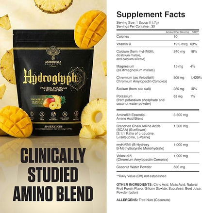 Ambrosia Hydroglyph Fasting Electrolytes Powder | Hydration Drink Mix with Amino Acids | Sugar Free Electrolyte Powder for Fasting & Intra Workout | 30 Servings, Pineapple Mango