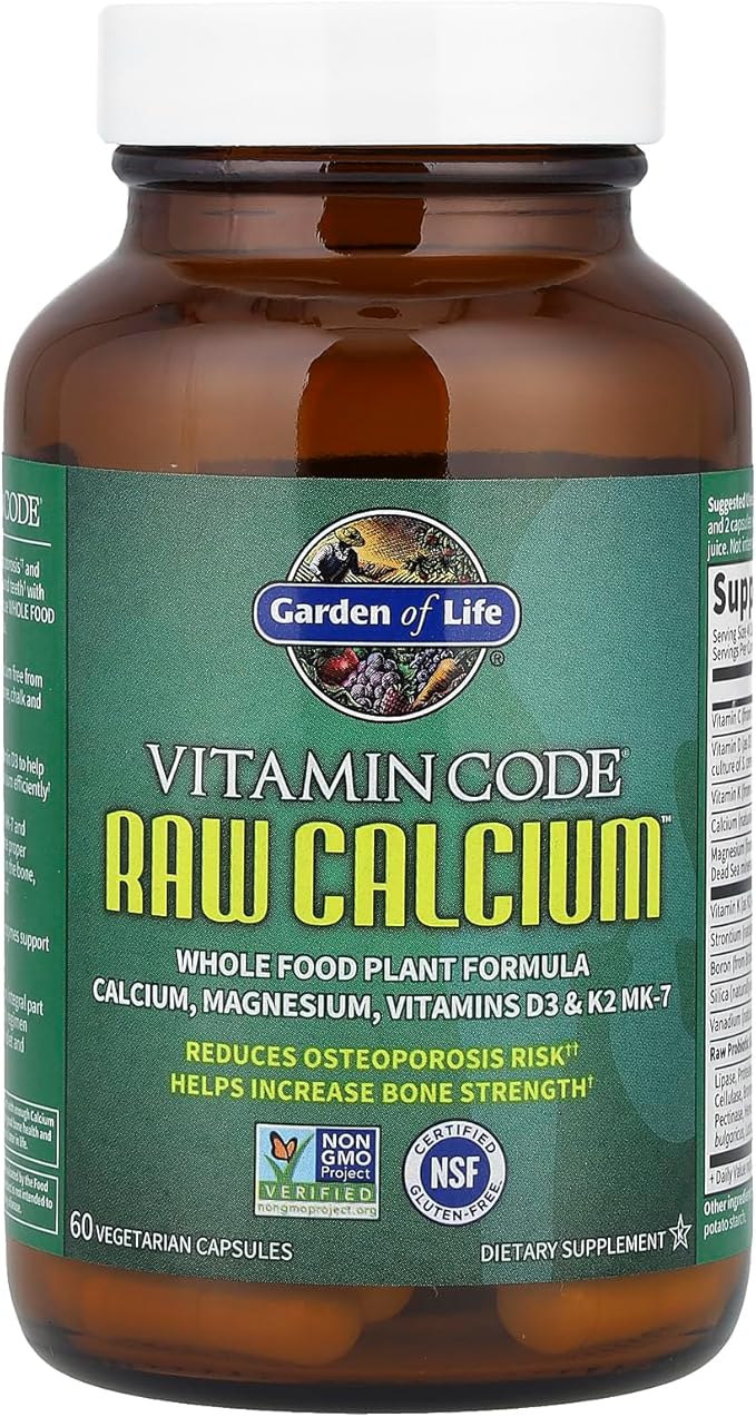 Garden of Life Raw Calcium Supplement for Women and Men - Vitamin Code Made from Whole Foods with Magnesium, K2, Vitamin D3 and Vitamin C Plus Probiotics for Digestion, 60 Capsules