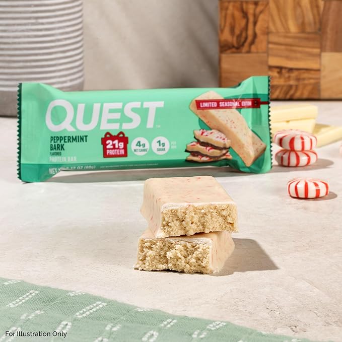 Quest Nutrition Peppermint Bark Protein Bar, 21g Protein, 4g Net Carb, 1g Sugar, Gluten Free, 12 Count