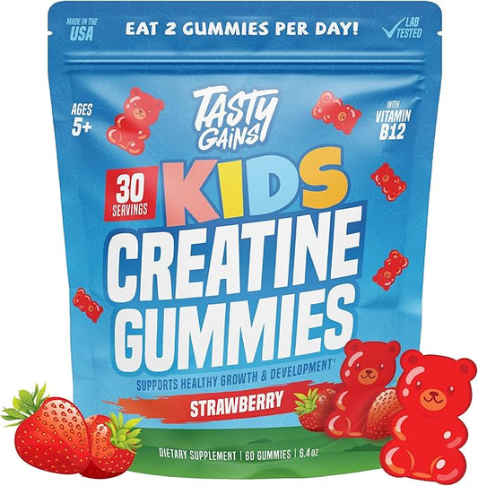 TASTY GAINS Kids Creatine Gummies with Vitamin B12 for Growth Support, Kids Vitamin Gummies for Daily Nutrition Support, Gummy Vitamins for Kids, Easy Chew Supplement for Children