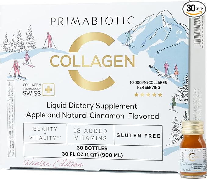 PRIMABIOTIC Liquid Collagen Winter Edition - High Collagen Content [10,000 Mg] Per Serving - Hydrolyzed Collagen and 12 Vitamins - Gluten Free- 450 Ml - Pack of 30 Bottles x 30 Ml