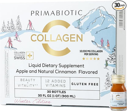 PRIMABIOTIC Liquid Collagen Winter Edition - High Collagen Content [10,000 Mg] Per Serving - Hydrolyzed Collagen and 12 Vitamins - Gluten Free- 450 Ml - Pack of 30 Bottles x 30 Ml
