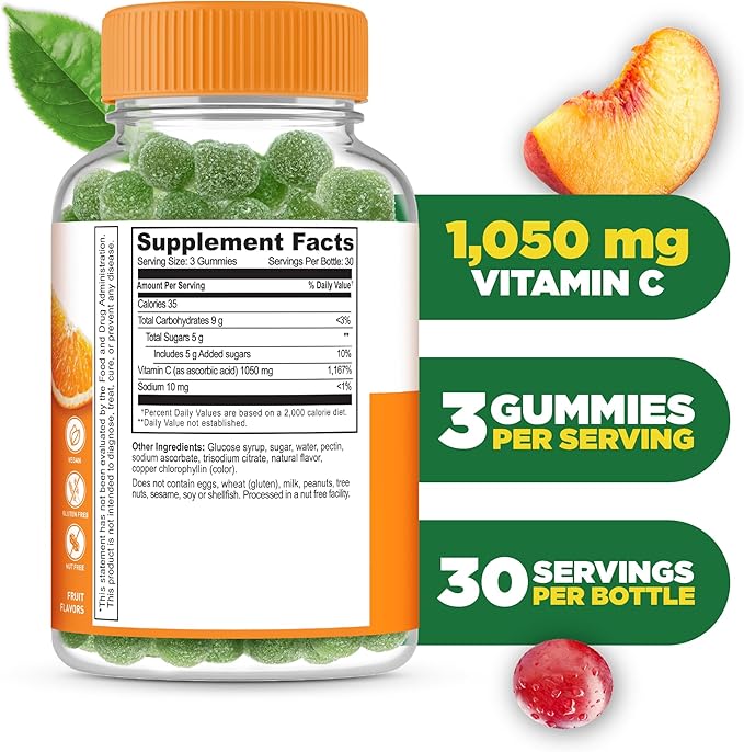 Lifeable Vitamin C - Great Tasting Natural Flavor Gummy Supplement - Vegetarian GMO-Free Chewable Vitamins - for Immune Support - 90 Gummies (1050 mg)