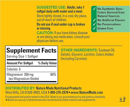 Nature Made Magnesium 250 mg, Magnesium Supplements for Men and Women, Support for Muscle, Heart, Bone and Nerve Health, 90 Softgels, 90 Day Supply