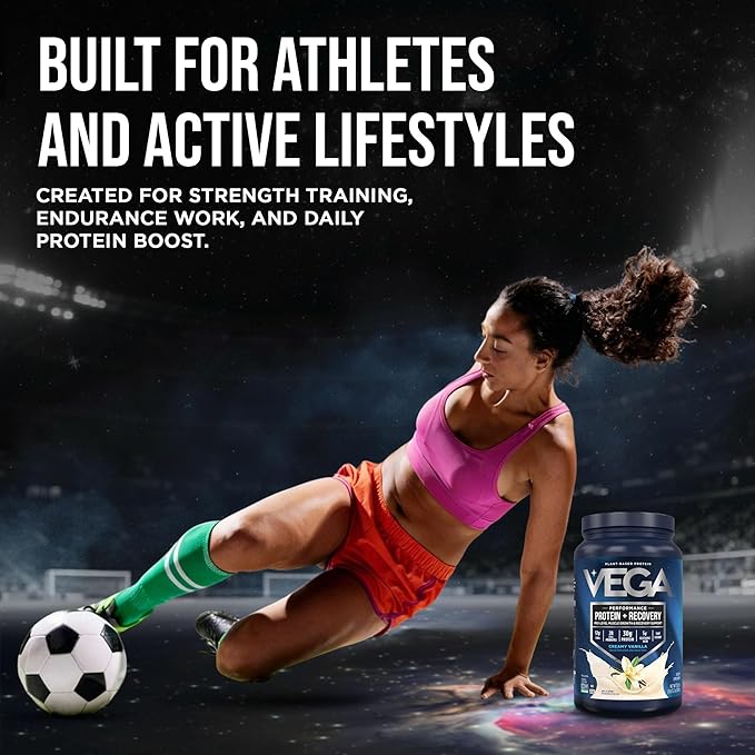 Vega Sport Vegan Protein Powder + Recovery - 30g Plant Based Protein per Serving, Vanilla, 20 Servings, 5g BCAAs, Probiotics, NSF Certified, for Shakes & Smoothies, 1.8lbs (Packaging May Vary)