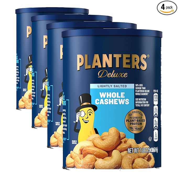 PLANTERS Deluxe Lightly Salted Cashews, Party Snacks, Plant-Based Protein, Quick Snack for Adults, After School Snack, Flavored with Sea Salt, Kosher, 1lb 2.25oz (Pack of 4)