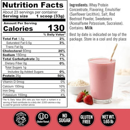 Strawberry Whey Protein Powder. 25g Protein Shake for Post Workout Recovery, Smoothie & Baking. Gluten & Sugar Free, Highly Kosher, Essential Amino Acids (5.5g BCAA, 2.7g Leucine), 1.65lbs 23 Servings