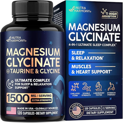 Magnesium Glycinate - Sleep & Relaxation Support - Extra Strength Glycinate, Glycine & Taurine 1500 mg - Magnesium Supplement for Women & Men - Chelated & High Absorption - Made in USA - 120 Capsules