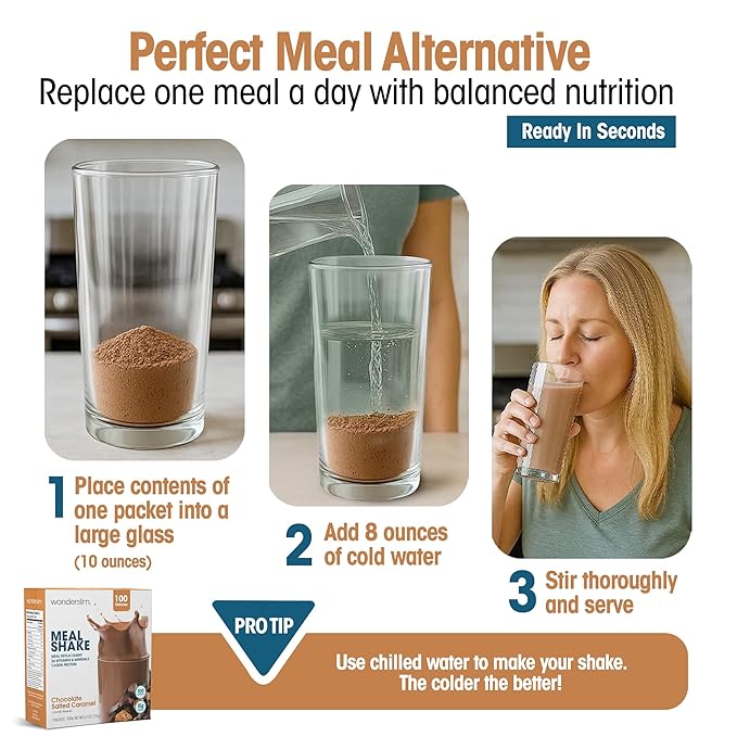 WonderSlim Meal Replacement Shake, Chocolate Salted Caramel, 15g Protein, 24 Vitamins & Minerals, Gluten Free, Low Carb (7ct)