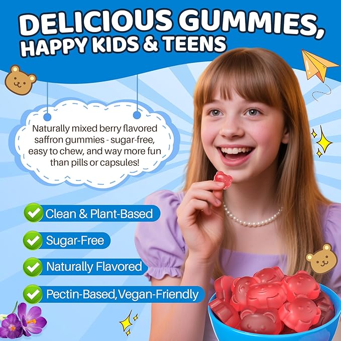Sugar Free Saffron for Kids, Teens & Adults, Saffron Gummies Supplements for Kids Calm & Focus Gummies, Saffron Extract with L-Theanine, GABA & Magnesium Glycinate for Mood - No Melatonin, 60Cts