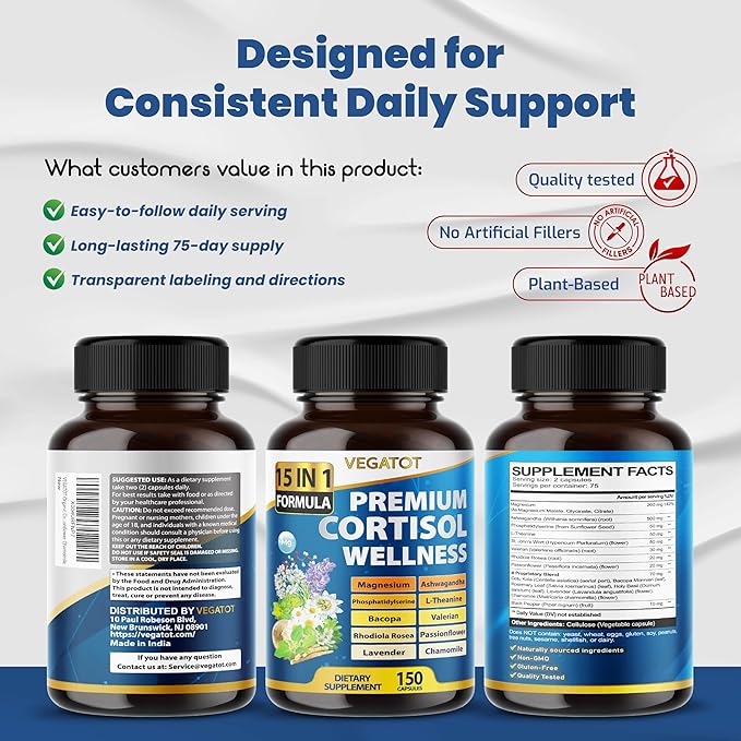 VEGATOT Organic Cortisol Wellness Complex 15-in-1 Formula with Magnesium Ashwagandha St. John's Wort Valerian Rhodiola Rosea Passionflower Chamomile