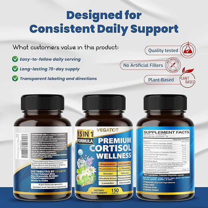 VEGATOT Organic Cortisol Wellness Complex 15-in-1 Formula with Magnesium Ashwagandha St. John's Wort Valerian Rhodiola Rosea Passionflower Chamomile