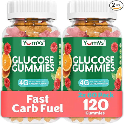 YUM-V'S Glucose Gummies – Fast Acting Glucose Chewable Gummies – Great Tasting – Gluten Free, Vegan, Non-GMO – Orange & Berry Natural Flavor – 60 Chewable Gummy for Adults & Kids (Pack of 2)