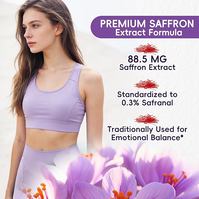 Saffron Supplement – 88.5mg with Magnesium Glycinate, Ashwagandha & L-Theanine for Stress Relief, Calm Mood & Emotional Balance – Made in USA – 60 Capsules