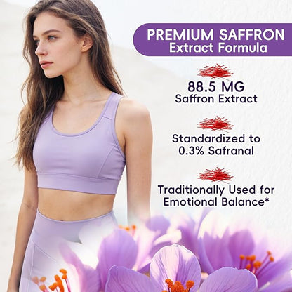 Saffron Supplement – 88.5mg with Magnesium Glycinate, Ashwagandha & L-Theanine for Stress Relief, Calm Mood & Emotional Balance – Made in USA – 60 Capsules