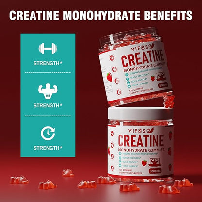 VIFSSG Creatine Monohydrate Gummies 5 g for Men & Women, 120 Sugar Free Gummies with 200 Mg Magnesium Glycinate, 200 Mg L-Threonate for Muscle Support, Energy Boost