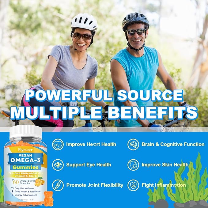 Vegan Omega 3 Gummies - Algal Oil Omega 3 Supplement with DHA, EPA & 10 Essential Vitamins, Fish Oil Alternative - Support Brain, Eye & Immunity for Adults, Orange Flavor, 120 Count