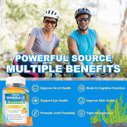 Vegan Omega 3 Gummies - Algal Oil Omega 3 Supplement with DHA, EPA & 10 Essential Vitamins, Fish Oil Alternative - Support Brain, Eye & Immunity for Adults, Orange Flavor, 120 Count