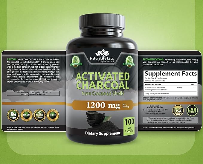 NaturaLife Labs Activated Charcoal 1200 mg per Serving – from Coconut Shells – 100 Veg Capsules – Non-GMO, Gluten-Free, Vegan