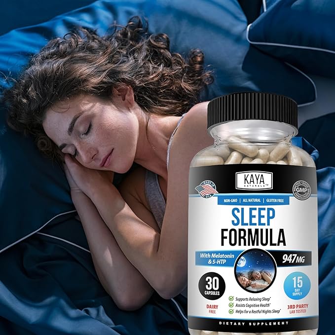 Kaya Naturals - Sleep Support Formula with Melatonin - Aid Support Vitamin Supplement - Sleep Stress and Mood Support - L-Tryptophan, Passion Flower, Ashwagandha and More (30 Count)