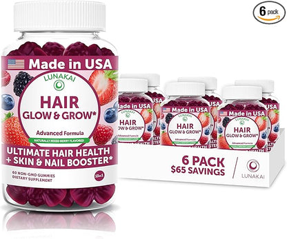 Lunakai USA Made Super Hair Gummies with Biotin, Zinc, Horsetail Extract & Saw Palmetto - Hair Growth Vitamins for Women & Men – Supports Thicker, Longer, Stronger Tresses, Skin & Nails - 6 Pack
