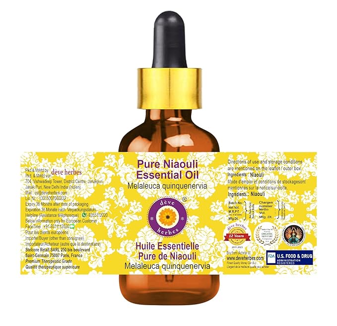 Deve Herbes Pure Niaouli Essential Oil (Melaleuca quinquenervia) with Glass Dropper Steam Distilled 15ml (0.50 oz)
