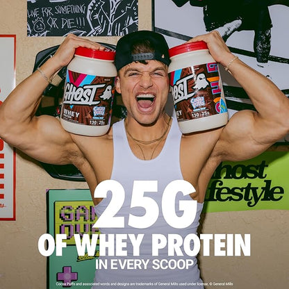 GHOST Whey Protein Powder, Cocoa Puffs Cereal Milk - 2LB, 25G of Protein - Whey Protein Isolate & Concentrate Blend - Post Workout Fitness & Nutrition Shakes, Smoothies & Baking - Soy & Gluten Free